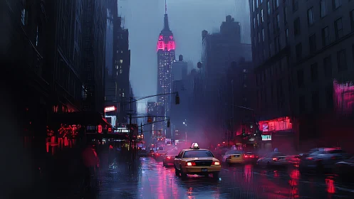 Yellow taxi drives through rainy neon city street at night