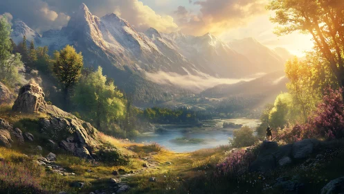 Lone traveler overlooking bright valley and snowy peaks.