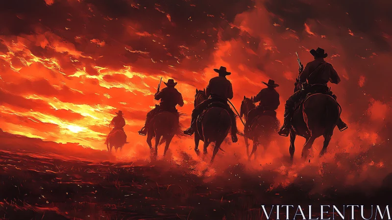Riders cross burning horizon under cinematic ember skies.