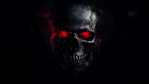 Burning crimson skull emerges from deep, shadowy darkness