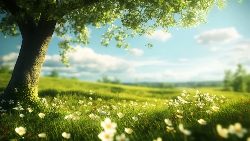 Luminous meadow under tree canopy in soft-focus 3D render.