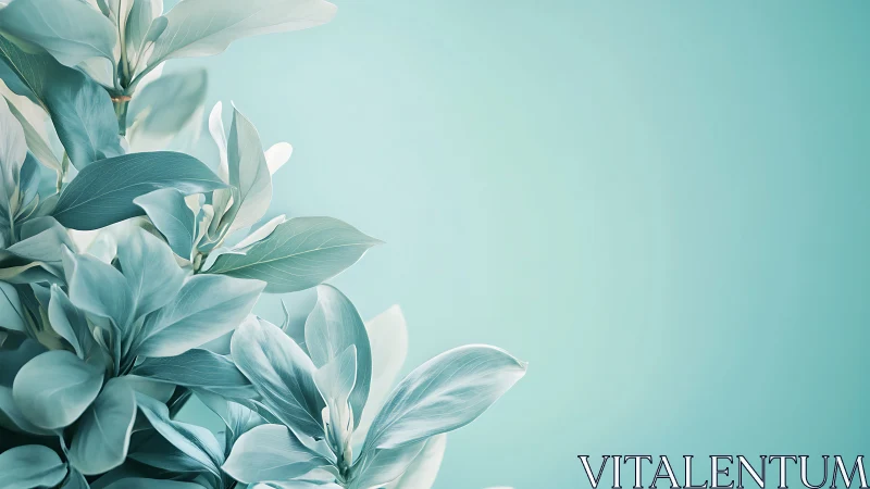Elegant botanical leaves on pastel blue background, minimalist style.