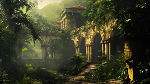 Sunlit jungle ruins embrace ancient stone arches silently.
