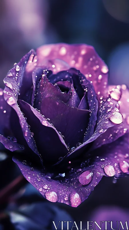 Deep purple rose glistening with water droplets.