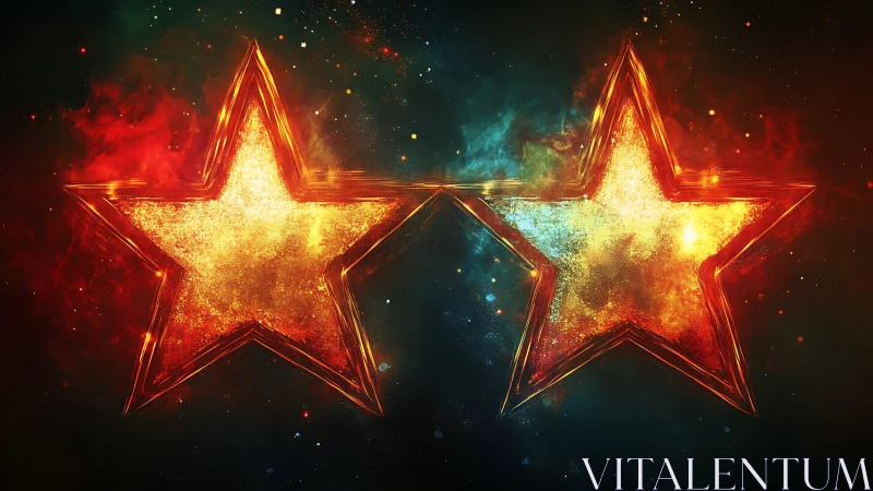 Fiery twin star icons in glowing cosmic nebula field.