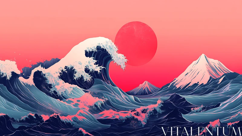 Ocean waves and mountains under large red sun at dusk.