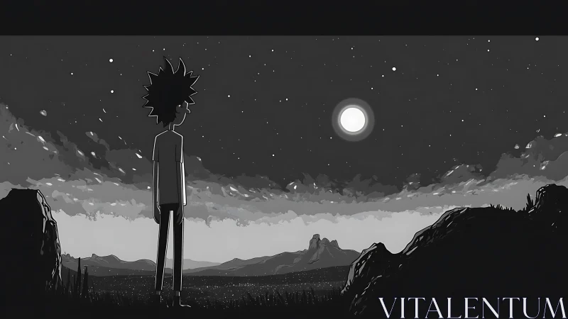 Monochrome cartoon figure observes a bright moonlit sky