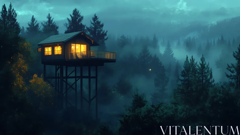 Solitary Refuge: A Glowing Sanctuary in Misty Forest.