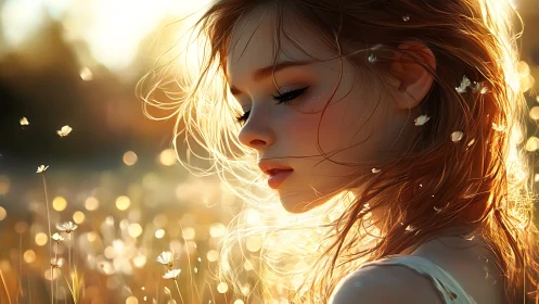 Side profile of young woman in sunlit meadow landscape.