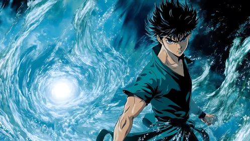 Determined warrior commands spiraling water vortex energy