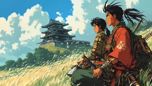 Samurai figures observing distant hilltop castle in grassland.