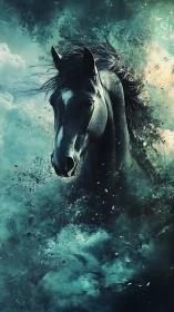 Dynamic black horse emerging through teal atmospheric vortex