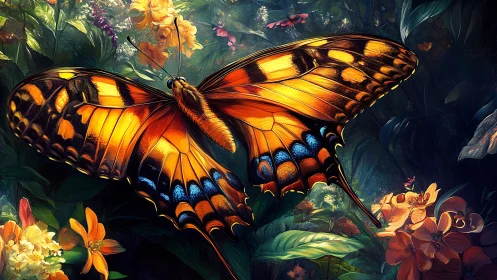 Macro digital painting of monarch butterfly in luminous jungle