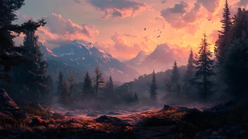 Golden mountain sunrise welcomes a quiet misty forest path