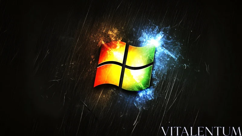 Windows style multicolor logo with fiery energy effects.