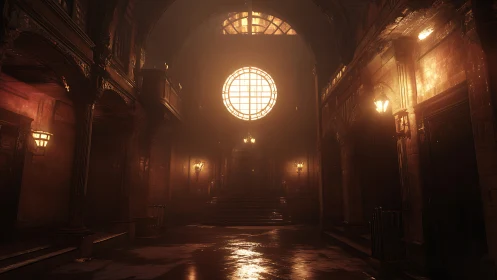 Shafts of forgotten light crown a deserted grand hall