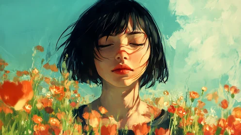 Wind-sculpted portrait of meditative girl in poppy field.
