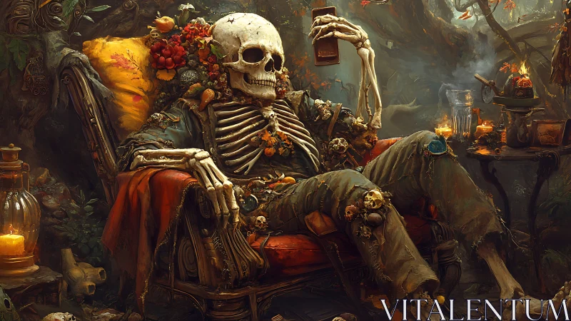 Relaxed skeleton reclines in lush candlelit forest lounge