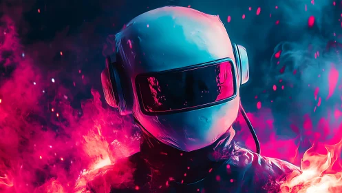 Futuristic helmeted figure emerges through neon magenta vapor
