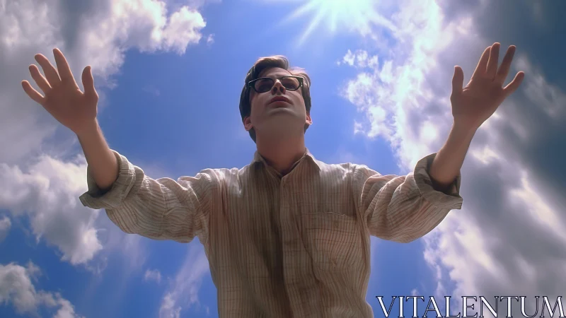 Low-angle solar backlit figure with expressive hand gesture dynamics.