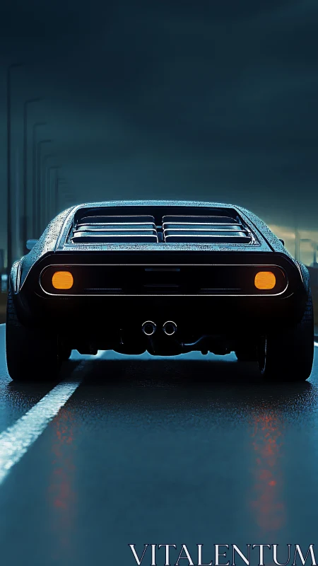 Midnight muscle car hums over rain-glossed neon asphalt.