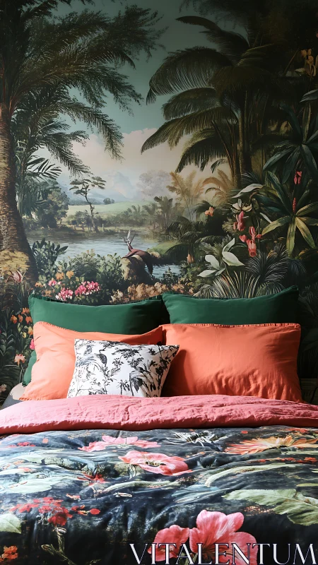 Tropical jungle mural bedroom with layered botanical textiles