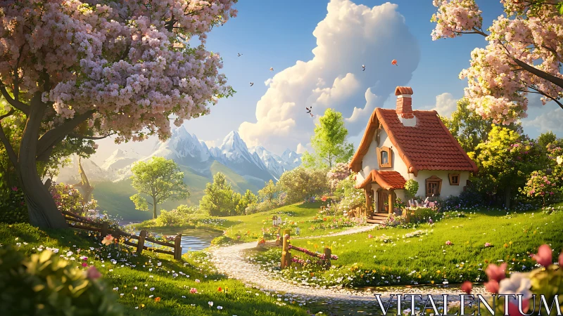 Sunny cottage haven among blossoms and mountain dreams.