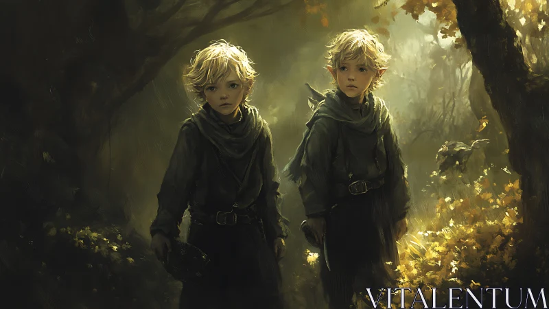 Twin elf children in dappled golden forest light.