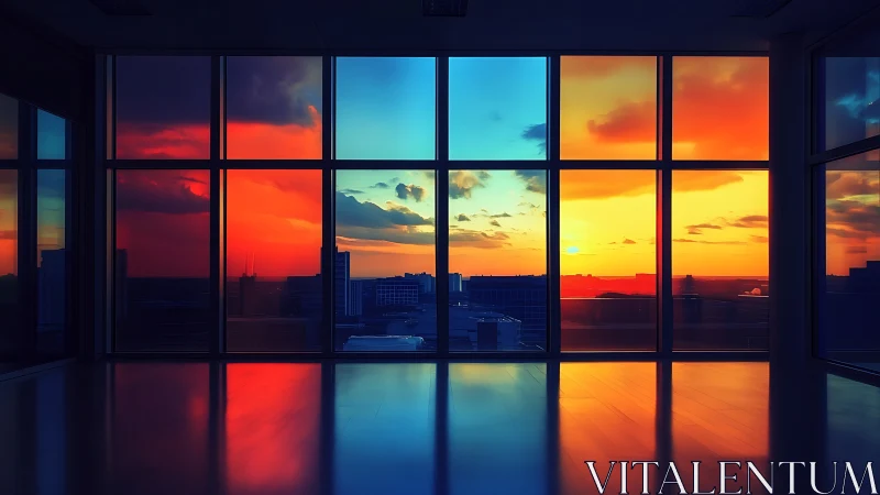 Empty office interior with vivid multicolor sunset skyline.