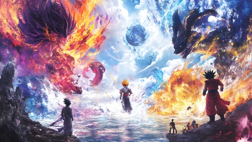 Fiery warriors and cosmic dragons meet above gleaming tides.