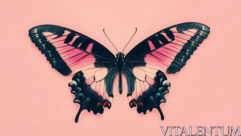 Macro dorsal study of pink black swallowtail butterfly on pastel field