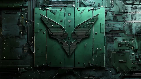 Futuristic green mech panel with angular winged emblem relief
