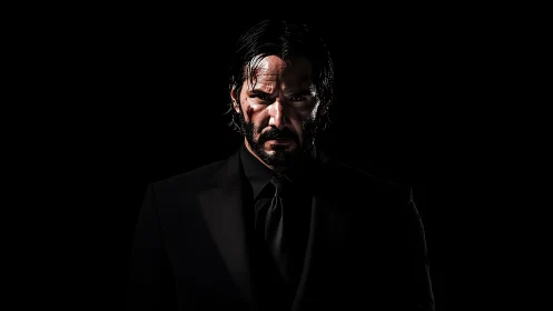 Moody portrait of intense man in black suit and darkness.