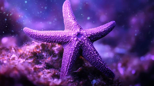 Macro study of purple starfish texture in bokeh-lit seafloor habitat