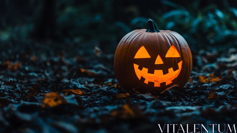 Glowing jack o lantern illuminates damp autumn forest floor.