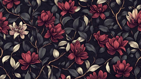 Botanical Floral Pattern with Deep Burgundy Blooms.