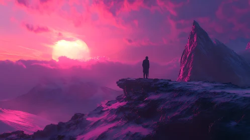 Solitary silhouette over neon-lit alpine horizon at dusk.