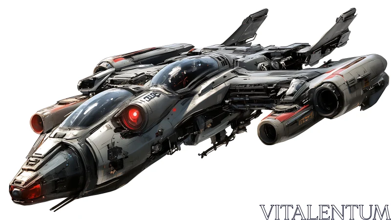 Futuristic armored starfighter with dual engines and fins.
