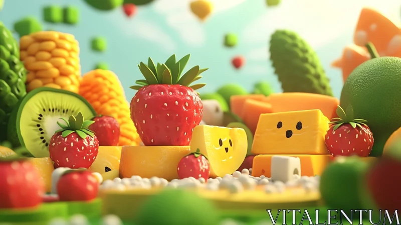 Playful fruit and cheese world glows in sunny whimsy