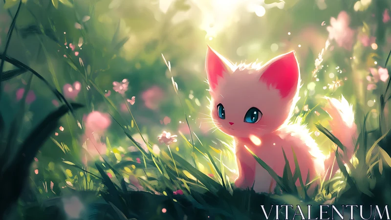 Backlit pastel kitten rendered in soft-focus meadow lighting study