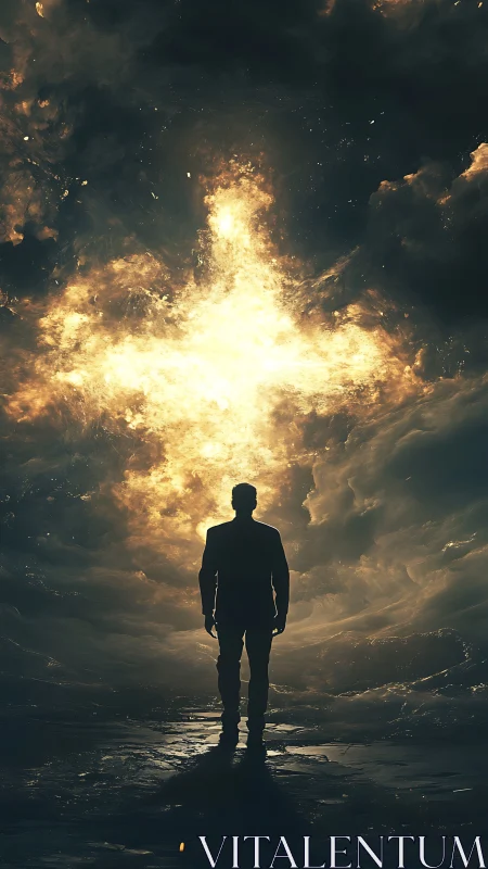 Backlit human silhouette approaches luminous cross-shaped vortex