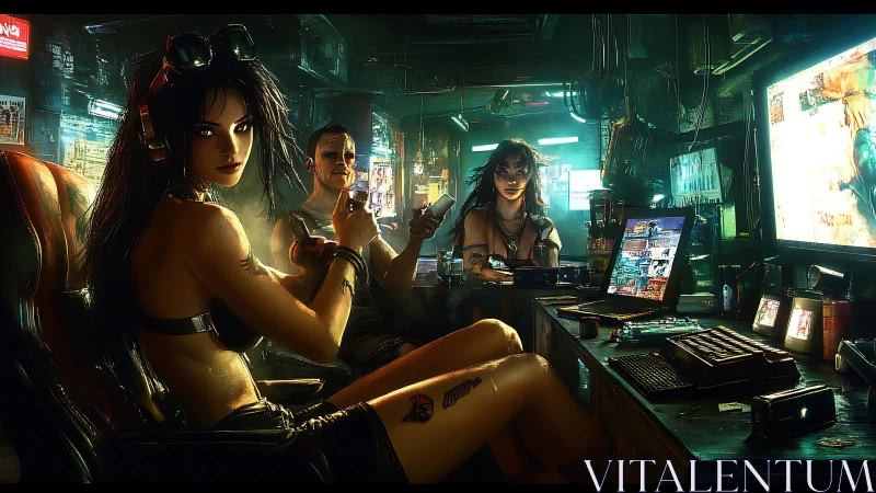 Neon-lit hackers share a tense cyberpunk gaming night together