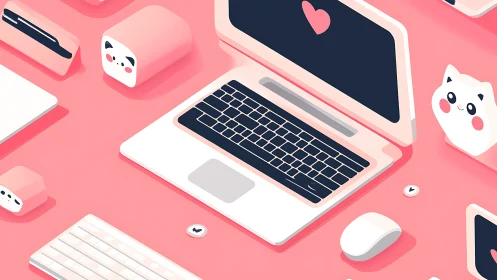 Cute pastel workspace with kawaii laptop and gadgets.
