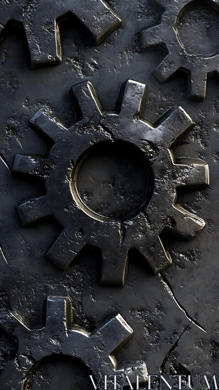 Weathered interlocking steel gears with pitted industrial patina