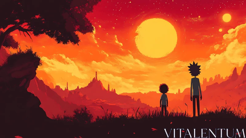 Twin silhouettes under tri-solar crimson alien sunset sky