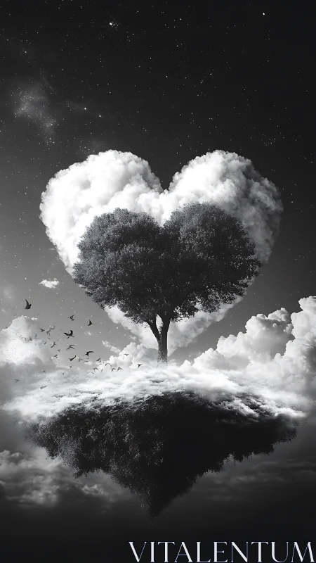 Heart-shaped tree silhouette against cloud formations and starfield