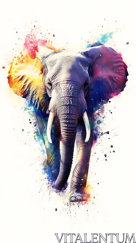 Color-splashed elephant strides forward in a joyful burst