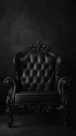 Ornate black leather armchair against dark textured wall.