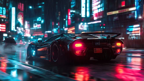 Neon supercar powers through rainy cyberpunk city streets.