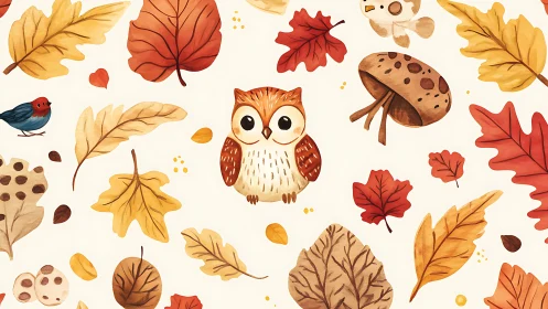 Autumn forest pattern with owl, leaves, birds, mushrooms.
